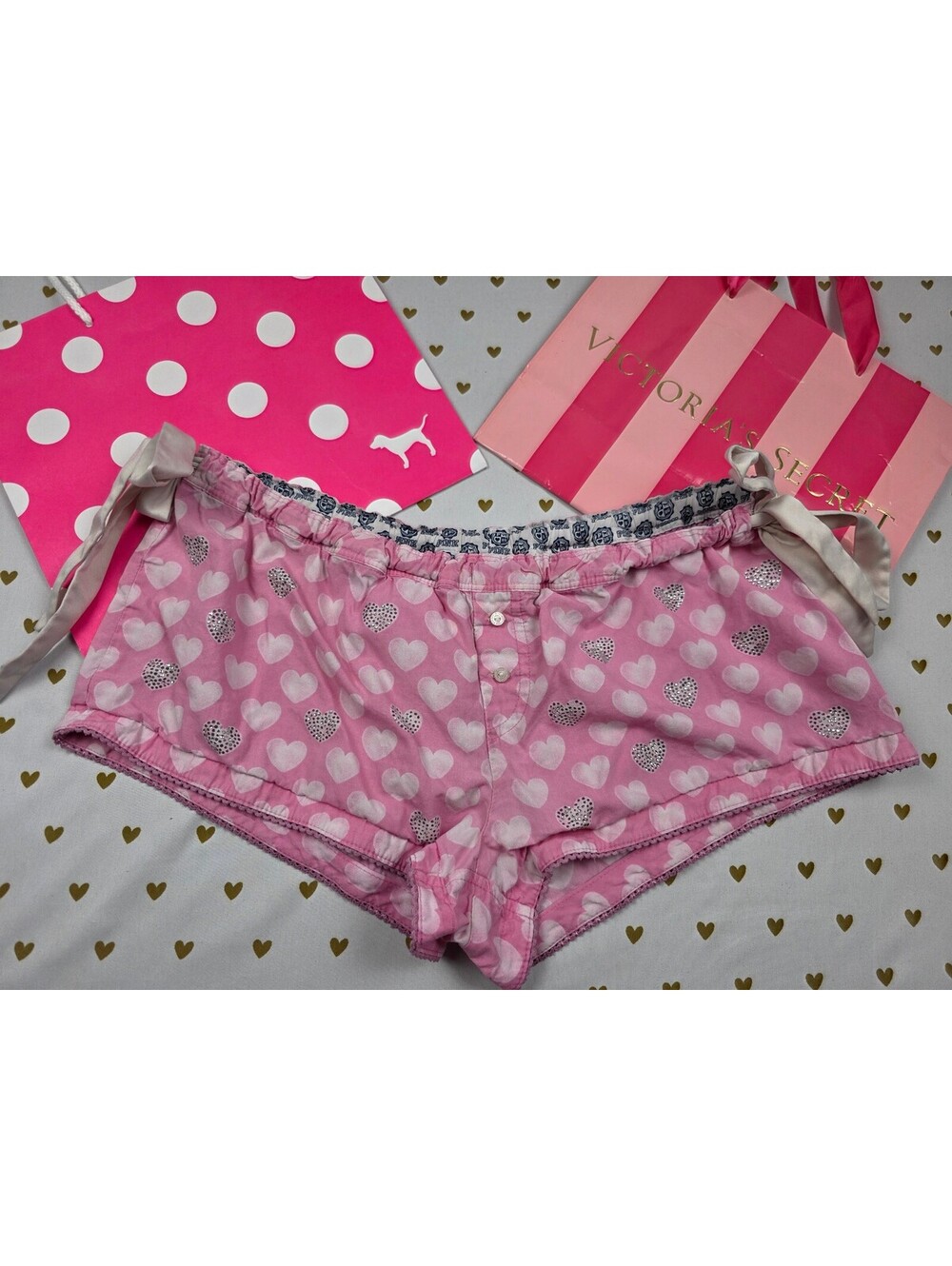 Vintage VS PINK Heart Rhinestone BLING Shorts S Satin Side Tie Y2K